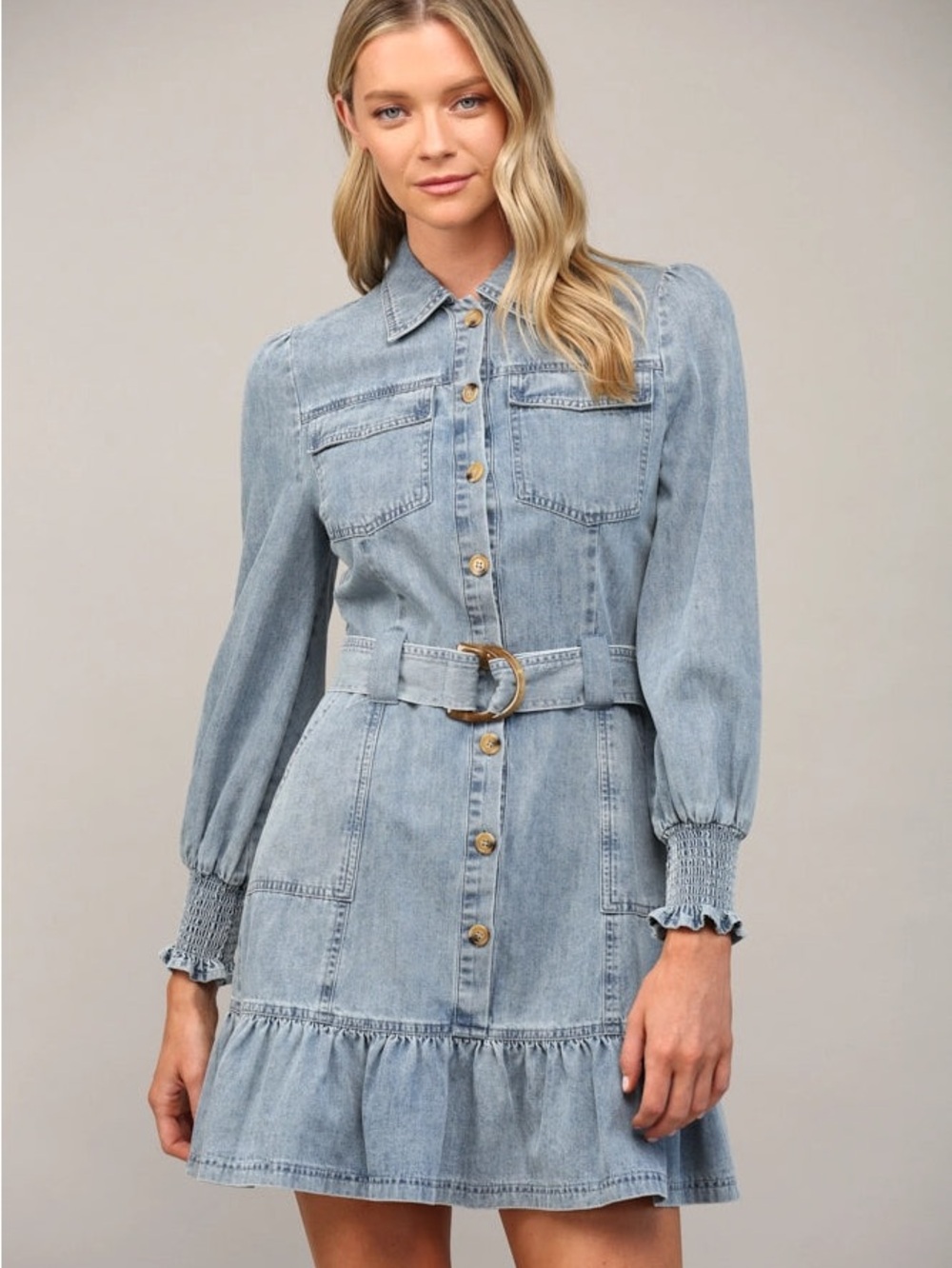 Fate Light Blue Denim Belted Shirt Dress Button Down Pockets Size Large